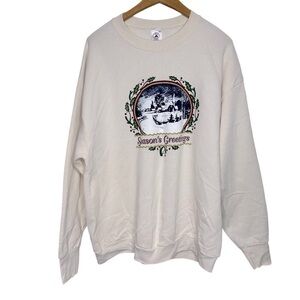 Delta Season’s Greetings Holly Snow Scene‎ Long Sleeve Cream Sweatshirt Size XL